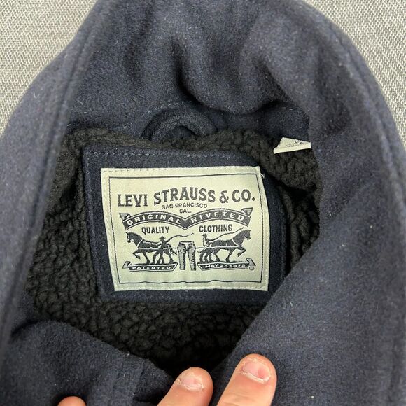 Levis Jacket Mens XL Navy Blue Fleece Sherpa Lined Full Zip Pockets Wool Blend - Picture 6 of 12